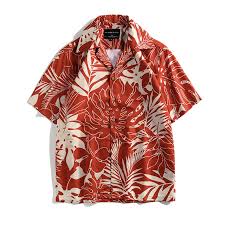 Mens Island Shirt Tropical Leaf Print Short Sleeved Vacation