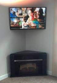 corner mounted tv above fireplace