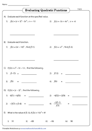 Evaluating Quadratic Functions Worksheets