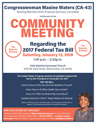Waters' district includes cities like hawthorne, lawndale, gardena, inglewood and lomita. Congresswoman Maxine Waters Community Meeting 2017 Federal Tax Bill Westchester Playa Democratic Club Los Angeles Ca