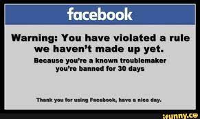 Facebook Warning: You have violated a rule we haven't made up yet. Because you're a known troublemaker you're banned for 30 days Thank you for using Facebook, have a nice day. - )