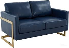 Leisuremod Lincoln Modern Mid Century Upholstered Leather Loveseat With Gold Frame Navy Blue