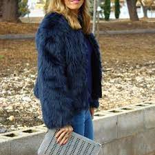 Zara Navy Blue Short Faux Fur Jacket