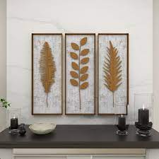 Set Of 3 Gold Metal Contemporary Fl Wall Decor 12 X 32