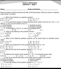 Mathematics Quarter 1 Quiz 1 Name Grade