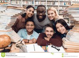 Six Ethnic Students, Mixed Race, Indian, Asian, African American and White Surrounded with Books at Library. Stock Photo - Image of friend, ethnic: 113195330