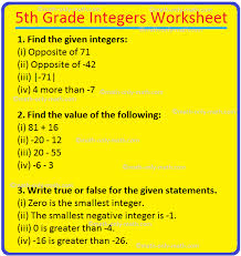5th grade integers worksheet addition