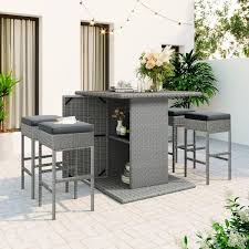 5 Piece Rattan Pe Wicker Outdoor Dining Table Set Square Kitchen Table Set With Storage Shelf And Dark Gray Cushion