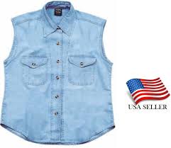 Details About Ladies Biker Blue Denim Motorcycle Sleeveless Country Shirt New All Sizes Nice