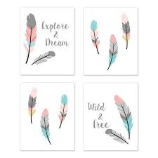 sweet jojo designs feather turquoise and c collection wall art prints set of 4