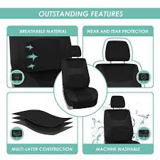 Fh Group Light And Breezy Fabric 21 In X 21 In X 2 In Full Set Seat Covers With Steering Wheel Cover And 4 Seat Belt Pads Black
