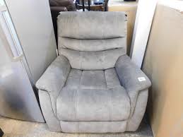 What kind of fabric is a swivel barrel chair made of? 1 Thomasville Felix Grey Fabric Swivel Glider Recliner Chair Rrp A 349 99