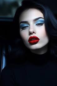 a woman with a blue eye makeup and red lips