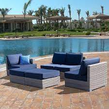 Home Beyond Polyethylene Pe Wicker 6 Piece Outdoor Patio Sectional Sofa Set With Cushions In Navy Blue Fully Assembled