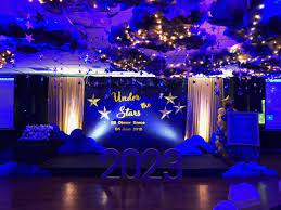 If you like this article, you should be interested by this sample Decorations For The 8th Grade Dinner Dance With A Under The Stars Theme The Beautiful Handmade Party Decoratio Starry Night Prom Prom Themes Dance Decorations