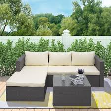 Gray 3 Piece Wicker Outdoor Sectional Sofa Set With Beige Cushions