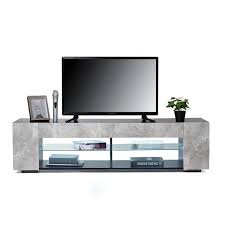 Woodyhome 57 In Gray And Black Wood Led Tv Stand Fits Tv S Up To 65 In With Glass Shelves
