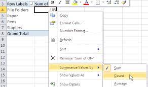 excel pivot table summary functions sum