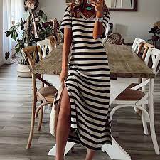 Женское пляжное платье макси в полоску, Свободное длинное платье в стиле  бохо с запахом и оборками, повседневное пикантное праздвечерние чное платье  с V-образным вырезом и разрезом, летнее платье | AliExpress