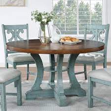 furniture of america mudd light blue round rustic dining table wood with light blue wood pedestal base 54 in l x 30 in h idf 3417lb rt
