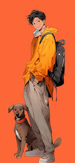 anime boy with dog orange wallpaper