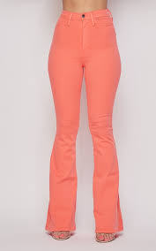 Vibrant Bell Bottom High Waist Jeans In Coral