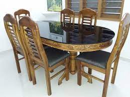 Glass Top Oval Teak Wooden Dining Table Set