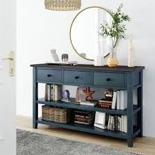 urtr 50 in navy rectangle wood long console table with drawers and 2 tier shelves 3 drawers sofa table entryway table blue