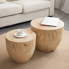 Pine Wood Drum 2 Piece Coffee Table