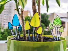 Mushroom Plant Stake Stained Glass Pot