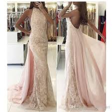 2019 Pink Lace Tulle High Neck Halter Mermaid Backless Floor Length Sleeveless Prom Dresses Formal Evening Gowns