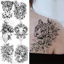 Tatouage temporaire motif fleur de tigre noir pour femmes et hommes, faux  autocollant réaliste, motif léopard, pour bras arrière, étanche | AliExpress