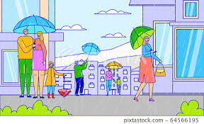 rainy weather in city people cartoon