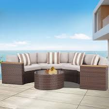 Suncrown 5 Piece Wicker Outdoor Half Moon Sectional Sofa Set With Brown Cushions And Round Table