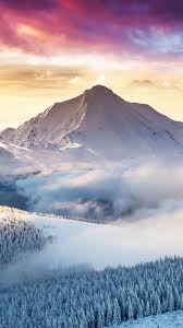 snowy mountain sunrise scenery