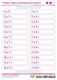 7 times tables worksheets in order and