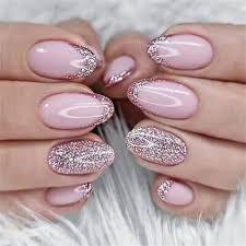 almond short false nail glitter pink