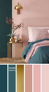 peach and teal bedroom with gold