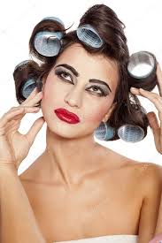 hair curlers and bad make stock photo