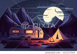 Camper Van And Fireplace Night