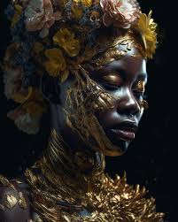 golden makeup and gold leaves on her face