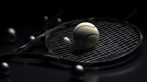 tennis racket and ball against a dark