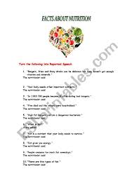 In this lesson you are going to learn and review: English Worksheets Reported Speech Facts About Nutrition