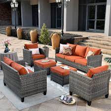 Megon Holly Gray 6 Piece Wicker Outdoor Patio Conversation Seating Set And Loveseat With Orange Red Cushions