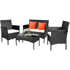 Clihome Outdoor Rattan Furniture Set 4 Piece Rattan Patio Conversation Set With White Cushions