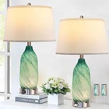 Green Glass Table Lamp With 2 Usb Ports