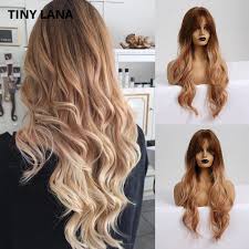 Repeat this process for each section of hair. Tiny Lana Ombre Brown Blonde Color Synthetic Hair Wigs With Bangs For Black Women Heat Resistant Fiber Long Wavy Middle Part Synthetic None Lace Wigs Aliexpress