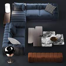 a navy sofa in a living room