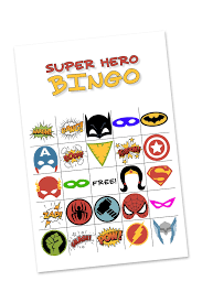 These superhero cardboard cutouts are freestanding with custom designs. Free Printable Super Hero Bingo Party