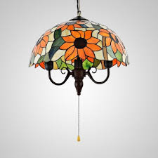 Rustic Sunflower Pendant Lamp Dome Shade Pull Chain Stained Glass 3 Lights Ceiling Light For Hallway Beautifulhalo Com